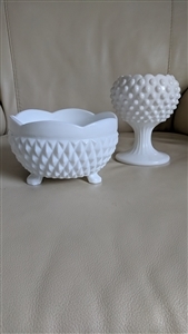 Vintage Indiana Glass milk glass Diamond Point bowl and Hobnail ivy vase set