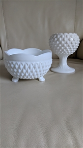 Vintage Indiana Glass milk glass Diamond Point bowl and Hobnail ivy vase set