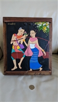 vintage asian wood courting scene picture frame  standing or wall decor