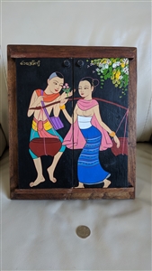 vintage asian wood courting scene picture frame  standing or wall decor