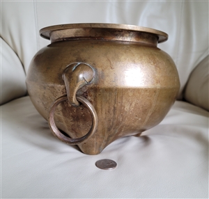 Antique handcrafted heavy solid brass footed bowl pot with elephant head ring handles