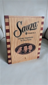 Wooden cigar storage box Sauza Tequila Drew Estate showing sliding lid and natural wood grain