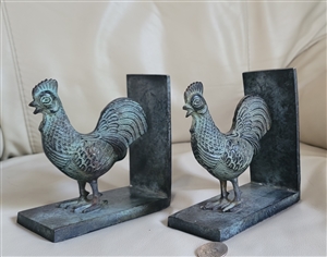 vintage cast iron rooster bookends aged copper patina colors  detailed design
