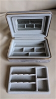 Vintage gray plush portable jewelry storage case with large interior mirror and removable shelf
