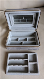 Vintage gray plush portable jewelry storage case with large interior mirror and removable shelf