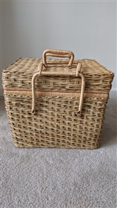 Vintage square woven rattan picnic basket with removable inner shelf tray and double handles