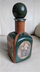 Vintage 1960s Leather Wrapped Golf Decanter Italian Glass Whiskey Bottle Green Leather Barware