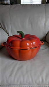 Technique brand three quart enameled cast iron pumpkin shaped orange dutch oven with a green stem handle lid