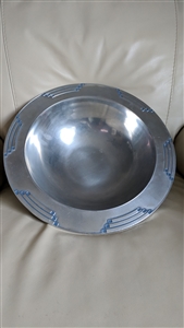 Vintage Wilton Armetale RWP large serving bowl showing Art Deco geometric rim accents and hallmark