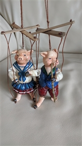 Two pigs marionette string puppets ornaments decor in working condition colorful design
