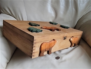 Handmade wooden brown box with colorful bears and trees storage home decor