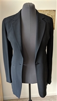 Vintage Donna Karan Signature jet black blazer jacket featuring one-button closure, front pockets, and tailored long fit