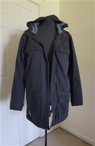 Front view of charcoal grey Vans Off The Wall men's long hooded utility field jacket size Large
