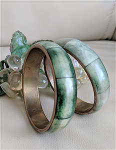 Vintage Mediterranean style set of two inlaid camel bone and brass bangle bracelets