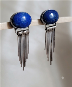 preowned vintage jh southwestern sterling silver earrings with blue stone cabochons and waterfall fringe design