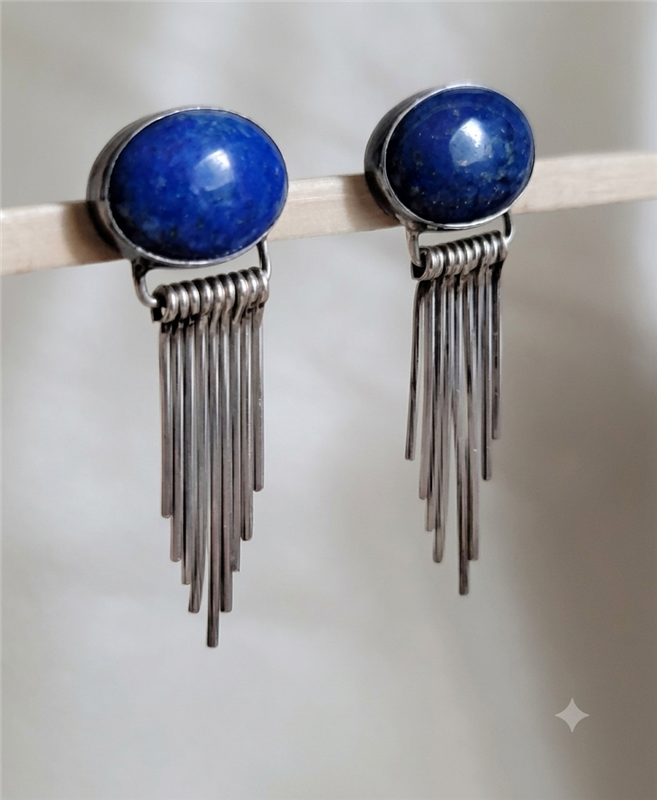 preowned vintage jh southwestern sterling silver earrings with blue stone cabochons and waterfall fringe design