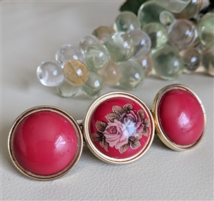 Vintage handmade Japanese barrette with red plastic medallions and rose decoupage floral design
