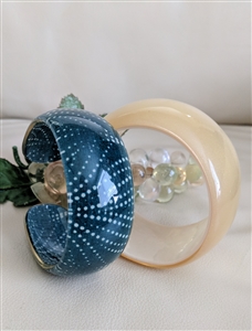 Vintage denim polka dot fabric cuff bracelet and shimmering wavy gold plastic bangle