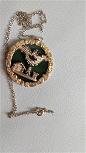 Large 1 1/4 inch Kirk's West 18K gold Alaskan jade pendant with natural gold nuggets and cabin scene