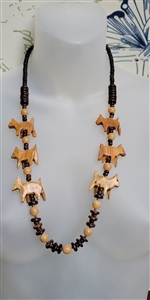 Retro style wooden dogs and beads accents Folk Art necklaces in brown color shades