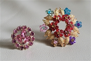 Vintage 1960s multicolor floral wreath brooch and matching pink crystal round pin set