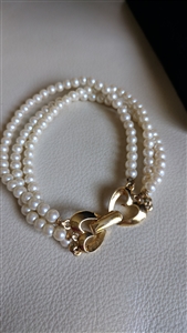 Monet three strand faux ivory pearl bracelet with gold tone double heart clasp
