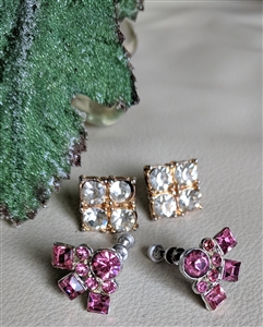 vintage costume jewelry set including pink rhinestone screw backs and clear glass gold tone studs