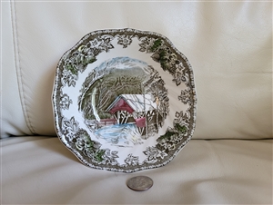 Johnson Brothers Friendly Village Covered Bridge ironstone square cereal bowl with black mark made in England