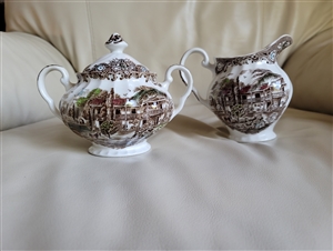 Johnson Brothers Heritage Hall ironstone sugar bowl and creamer set with embossed mark made in England