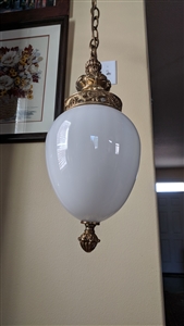 antique 1900s victorian milk glass pendant light with embossed gold metal