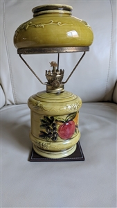 Vintage Geo Z Lefton Porcelain Hurricane Oil Lamp with Moss Green Body Hand Painted Flowers and Ornate Scrolled Metal Shade Support