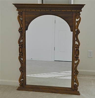 Large Solid Oak Foyer Mirror with Victorian Swirl Side Carvings brown wood ornate design