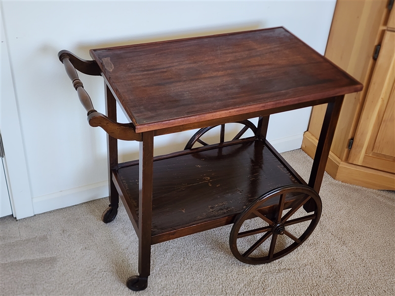 Antique 1910 Stickley Brothers Quaint Furniture Mission Oak rolling tea bar cart with spoked wheels