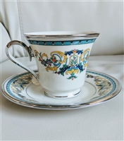 Lenox Fair Lady vintage ivory china footed teacup and saucer set with turquoise scrollwork and platinum trim 1975