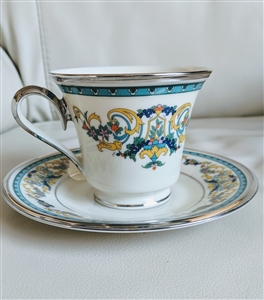 Lenox Fair Lady vintage ivory china footed teacup and saucer set with turquoise scrollwork and platinum trim 1975