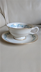 Lenox Arcadia vintage ivory china footed teacup and saucer set with teal floral vine garland and gold trim 1950