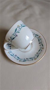 Lenox Arcadia vintage ivory china demitasse teacup and saucer set with teal floral vine garland and gold trim 1950