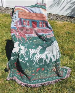 Vintage 1990s Goodwin Weavers Noahs Ark woven cotton throw blanket with animal and rainbow motif
