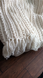 Vintage White Fisherman Style Hand Crochet Cable Knit Throw Blanket with Fringe