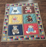 Bears colorful quilted throw blanket or wall decor in patchy pattern collectible textile