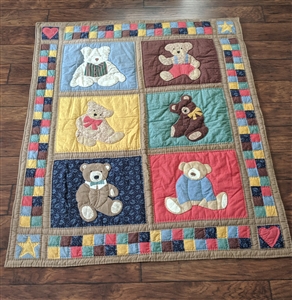 Bears colorful quilted throw blanket or wall decor in patchy pattern collectible textile