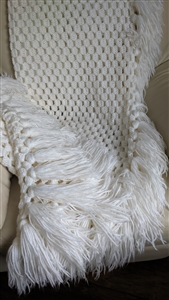 Hand Crochet vintage white seashell crochet blanket throw 74x56 with 6 inch long fringe trim