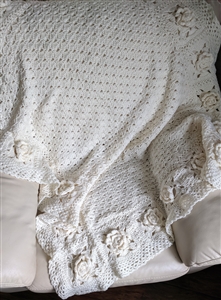 Seashells roses hand crochet white yarn blanket