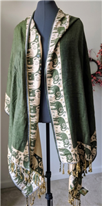 Vintage 80s India 100 percent wool shawl with reversible olive green elephant pattern and fringe