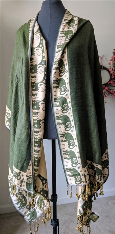 Vintage 80s India 100 percent wool shawl with reversible olive green elephant pattern and fringe