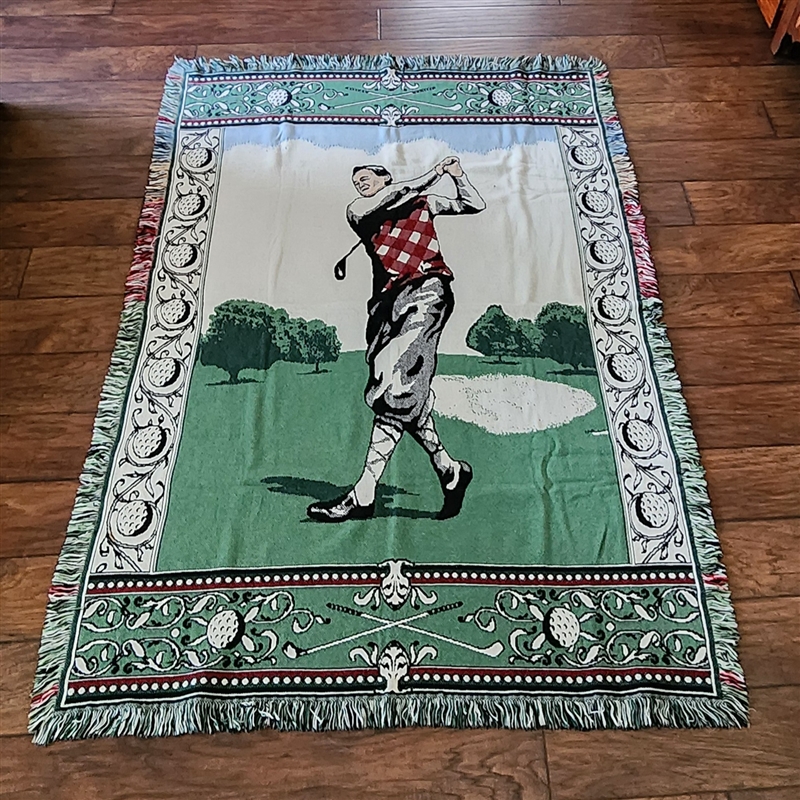 Vintage woven tapestry golf throw cotton blanket negative image inverse colors green fringed 71 by 48