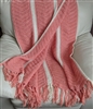vintage salmon pink and off white crochet chevron ripple throw blanket with fringe from 1970 in preowned condition for home decor
