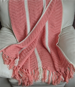vintage salmon pink and off white crochet chevron ripple throw blanket with fringe from 1970 in preowned condition for home decor
