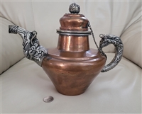 Vintage 1930s Ganga Jamuna copper teapot vessel with silver plated dragon handle and elephant spout