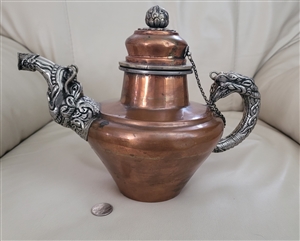 Vintage 1930s Ganga Jamuna copper teapot vessel with silver plated dragon handle and elephant spout